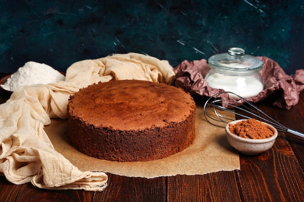 Zubereiten und Backen eines hausgemachten Schokoladenbiskuitkuchens Kochen von hausgemachtem Kuchen kopieren Sie Platz für Text Heimische Süßwaren