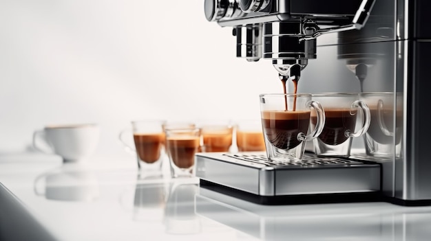 Zubereitung von frischem Morgenkaffee aus einer Espressomaschine mit Kapseln auf weißem Hintergrund