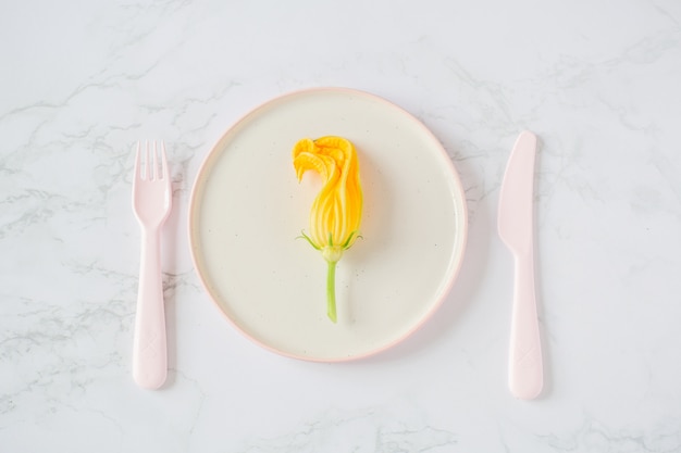 Zucchini blüht in einer Platte auf einem hellen Hintergrund