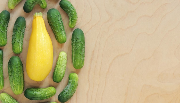 Zucchini e pepinos em um fundo de madeira espaço de visão superior para texto Espaço de cópia