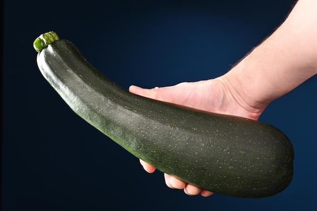 Zucchini in der Hand des Menschen auf dunklem Hintergrund.