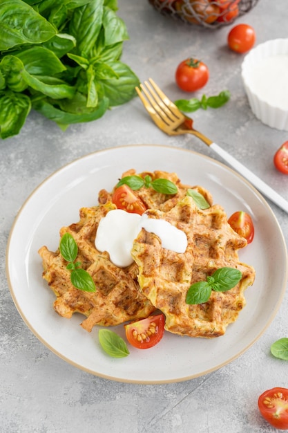 Zucchini-Käse-Waffeln mit Sauerrahm und frischem Basilikum auf einem Teller Vegetarisches Gericht Kopieren Sie Platz