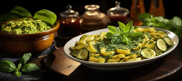 Zucchini-Nudeln mit Pesto-Sauce Eine kohlenhydratarme Alternative zu Nudeln mit Zucchini-Nudeln, geschwenkt in einem hausgemachten Basilikum-Pesto, generiert mit AI