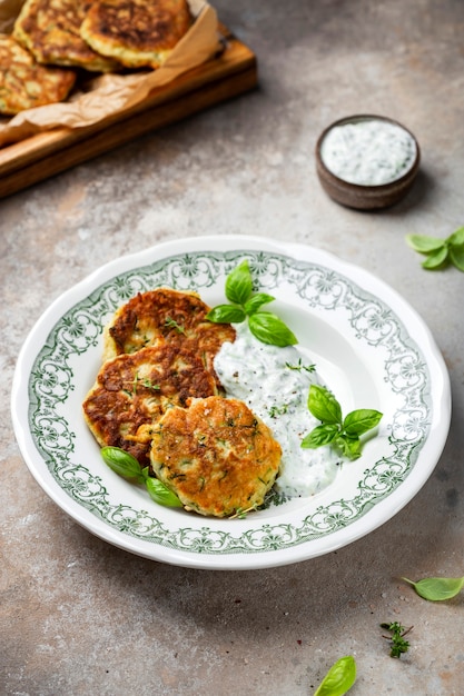 Foto zucchini-parmesan-krapfen mit tzatziki-sauce