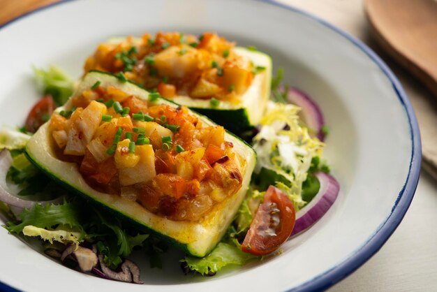 Foto zucchini relleno de verduras y merluza fresca