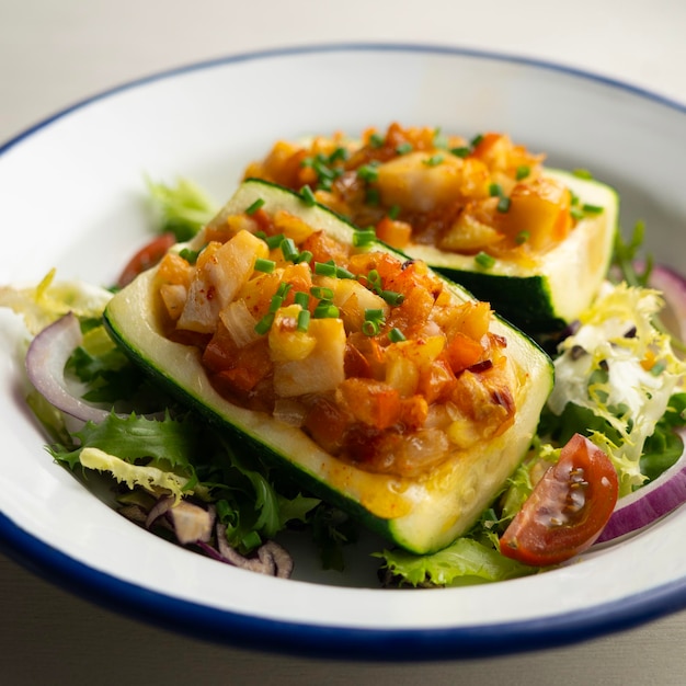 Foto zucchini relleno de verduras y merluza fresca