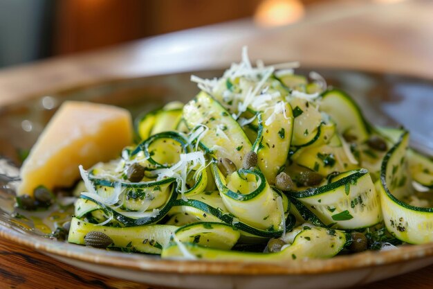 Zucchini-Salat mit Käse und Kapern auf einem Teller Generative KI