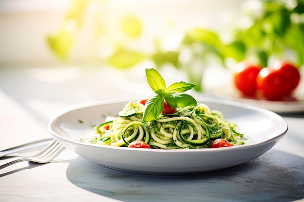 Zucchini-Spaghetti mit grober Basilikum-Pesto-Sauce und Kirschtomaten auf weißem Holztisch