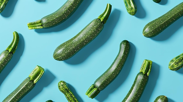 Foto zucchini verde fresco em fundo azul a imagem é tirada de cima e os vegetais estão dispostos em um padrão diagonal