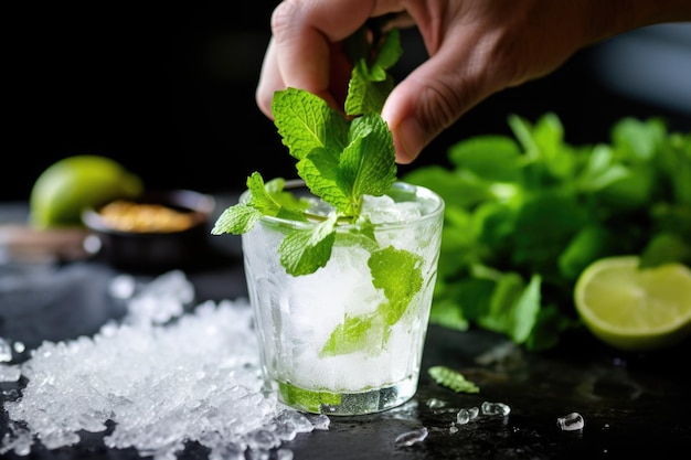 Zucker und Minzblätter von Hand in den Mojito einrühren