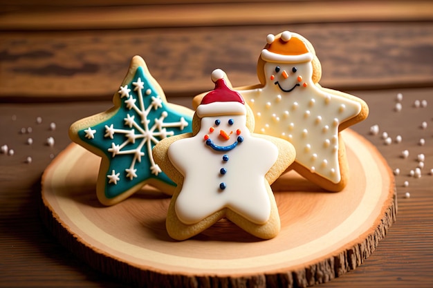 Zuckerkekse in Schneemannstern- und Weihnachtsbaumform werden auf einem Holztisch ausgestellt