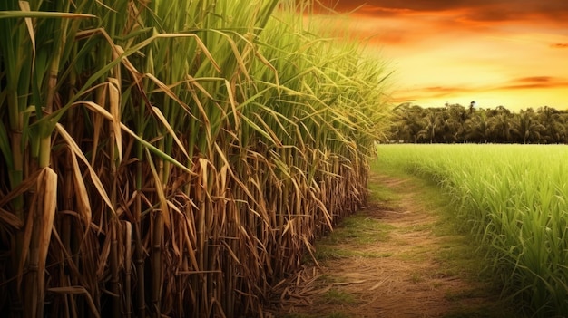 Zuckerrohrstiele mit Zuckerrohrplantagen-Hintergrund