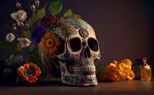 Zuckerschädel geschmückt mit Blumen für dia de los muertos Tag der Toten Catrina Altar de Dia de Muertos Generative AI