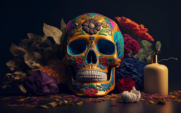 Zuckerschädel geschmückt mit Blumen für dia de los muertos Tag der Toten Catrina Altar de Dia de Muertos Generative AI