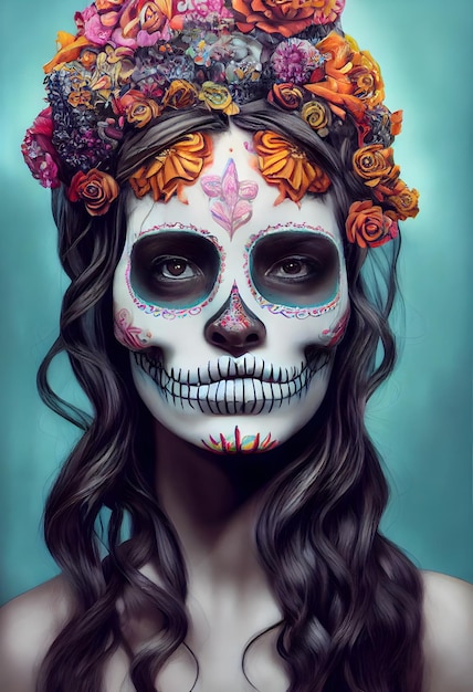 Zuckerschädelgöttin la catrina mit Blumen und rituellem Make-up, neuronalem Netzwerk generierte Kunst