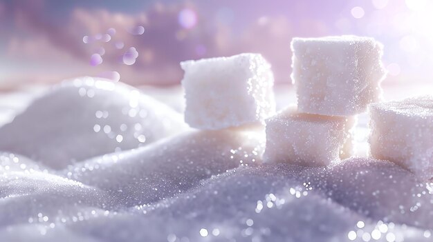 Zuckerwürfel auf einem Haufen granuliertem Zucker Der Zucker funkelt im Licht Der Hintergrund ist weich rosa