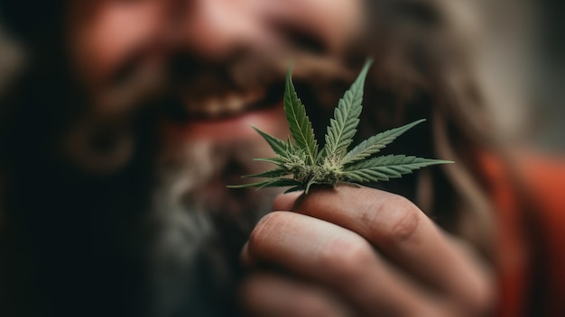 Züchter hält eine frische Cannabisknospe in seiner Hand, generative KI