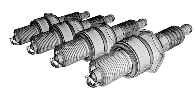 Zündkerze, Karosseriestruktur, Drahtmodell im Hintergrund