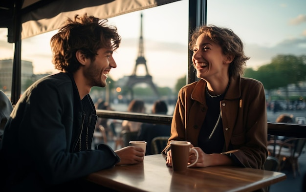 Zufällige Begegnung mit Gelächter bei verschüttetem Kaffee mit Blick auf den Eiffelturm in Paris