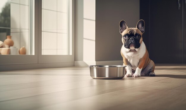 Zufriedene französische Bulldogge neben einem Futternapf in einem gemütlichen Raum. Entspanntes Hundeessen in einer warmen, heimeligen Umgebung. Erstellt mit generativen KI-Tools