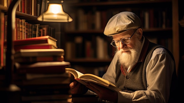 Zufriedener Buchliebhaber in Weihnachtsmannshut, der bei Lampe liest und von Büchern umgeben ist