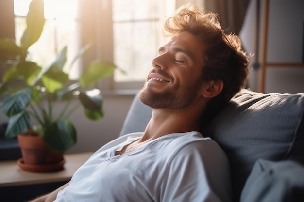 Foto zufriedener, hübscher junger mann, der es sich zu hause auf dem sofa gemütlich macht. lächelnde männer, die ihren freien tag auf der couch genießen. menschen mit gesundem lebensstil und urlaubskonzept