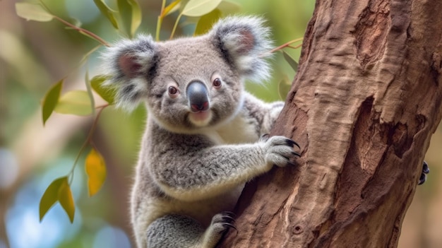 Zufriedener Koala in einem von der KI generierten Eukalyptusbaum