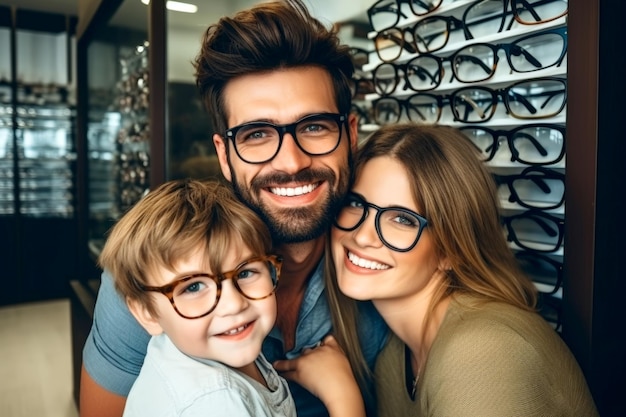 Zufriedener Mann-Spezialist umarmt sich in einer Brille im Optikgeschäft