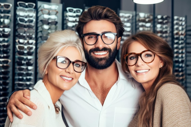 Foto zufriedener mann-spezialist umarmt sich in einer brille im optikgeschäft