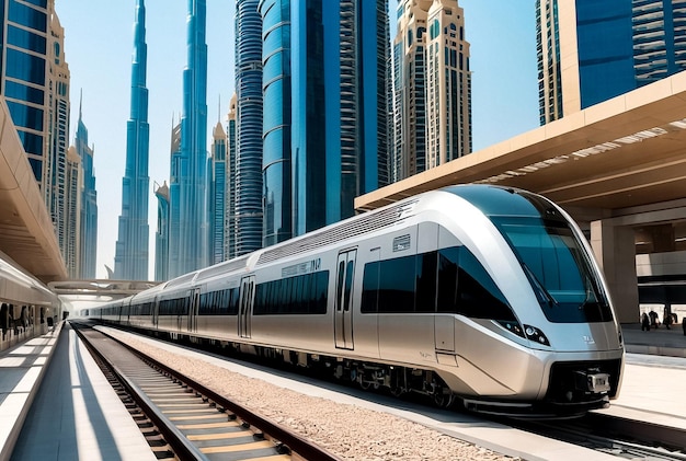 Zug auf der Bahn von Dubai U-Bahn bei Glas städtischen Wolkenkratzern Hintergrund im Geschäftsviertel Tapeten