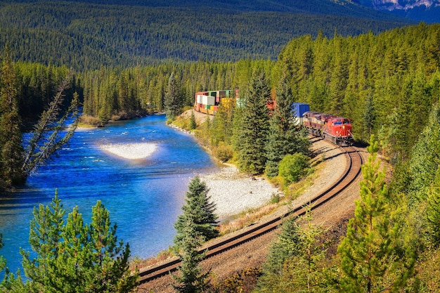 Zug durch die Morants-Kurve im Bow Valley, Kanada