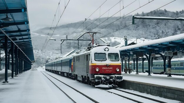 Zug in einem Bahnhof, der im Winter mit Schnee bedeckt ist