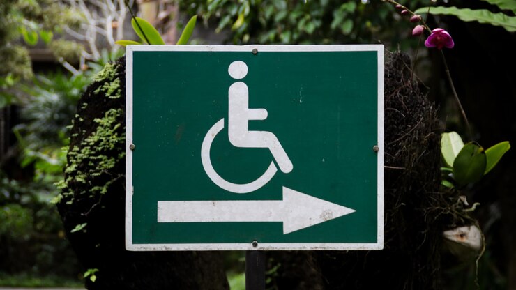 Foto zugängliches richtungszeichen mit rollstuhl-symbol und grünem hintergrund, umgeben von üppigem laub in einer außenumgebung
