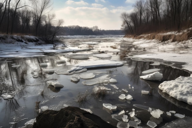 Zugefrorener Fluss, dessen Eis unter dem Gewicht der gefrorenen Umgebung bricht und sich verschiebt
