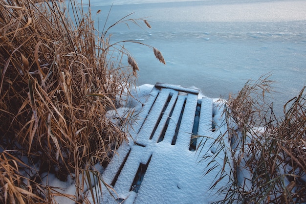 Zugefrorener See im Winter. Licht des frühen Morgens.
