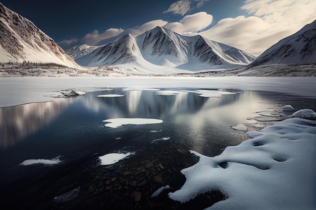 Zugefrorener See mit Blick auf schneebedeckte Berge im Hintergrund