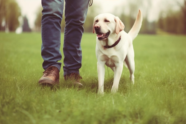 Zugeschnittener, nicht wiederzuerkennender, hübscher junger Mann mit Labrador im Freien. Mann auf grünem Gras mit Hund