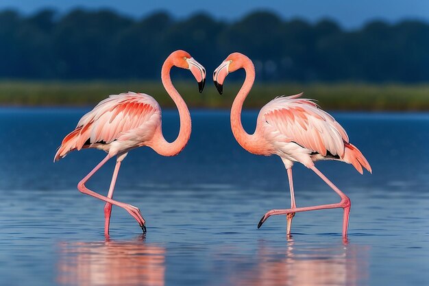 Foto zugvögel großer flamingo, der in der frühen morgenblau-stunde im flachen wasser am vogelschutzgebiet umherwandert