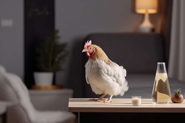 Zuhause Haustier Hühner Hühnchen mit Kind im Inneren des Hauses KI generiert Der gefiederte farbige Freund