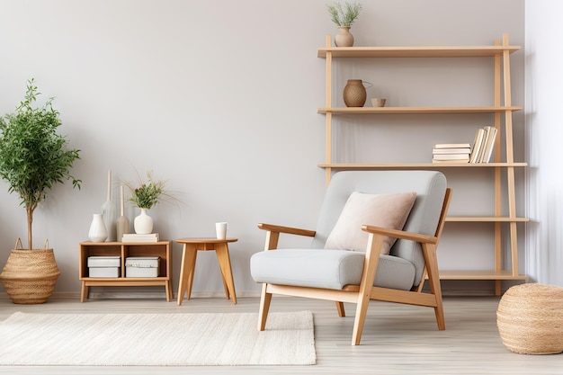 Zuhause mit gemütlichem skandinavischen Stil, modernem Design, Retro-Sessel, weichem Teppich, Regal mit Accessoires, groß