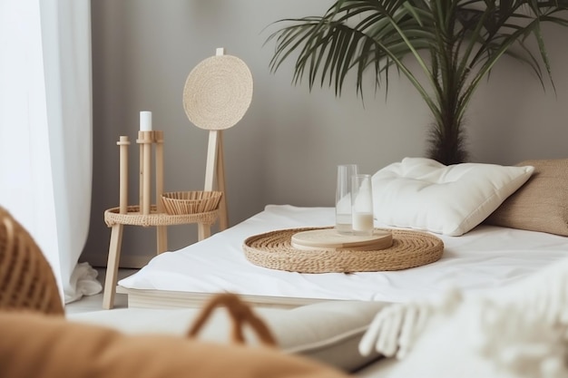 Zuhause, Raumdesign, Möbel, Rattan-Interieur, modernes Bett, Palmentisch, Tablett, generative KI