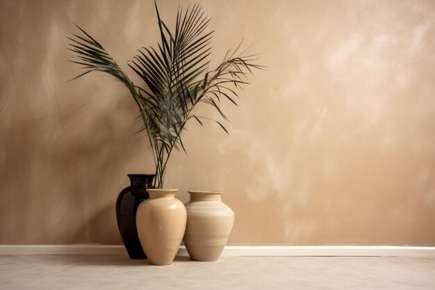 Foto zuhause schatten wand beige beton design dekor sonnenlicht vase möbel interieur generative ai