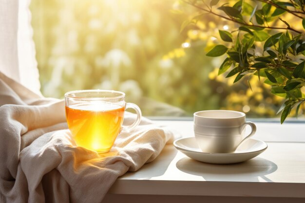 Zuhause trinken heißen Tee an einem sonnigen Fenster