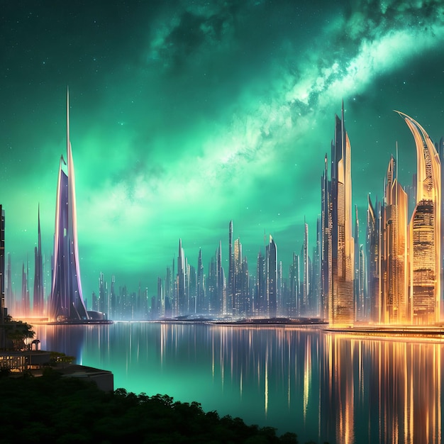 Zukünftige fantastische moderne Stadt bei Nacht, generative Kunst von KI