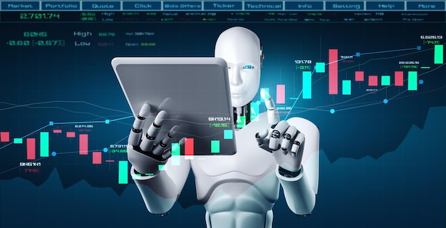 Zukünftige Finanztechnologie, die von einem KI-Roboter mithilfe von maschinellem Lernen gesteuert wird