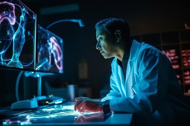 Zukünftige Medizin Medizinarzt verwendet digitale, futuristische medizinische Schnittstelle. Molekulares fluoreszierendes Neuronennetzwerk und DNA werden in der Medizin im Analyse- und Diagnoselabor des Gesundheitswesens verwendet