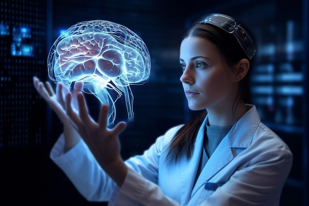 Zukünftige Medizin Medizinarzt verwendet digitale, futuristische medizinische Schnittstelle. Molekulares fluoreszierendes Neuronennetzwerk und DNA werden in der Medizin im Analyse- und Diagnoselabor des Gesundheitswesens verwendet