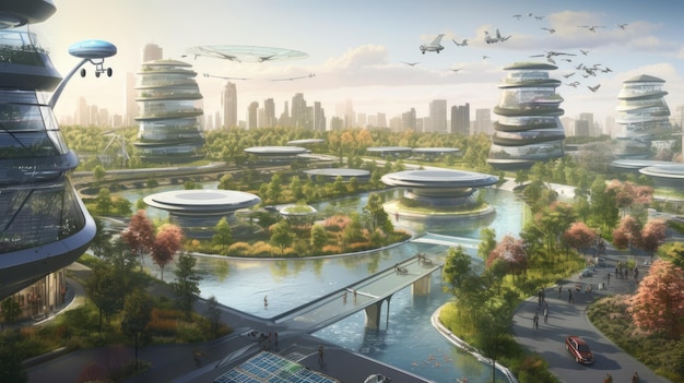 Zukünftige Stadt mit grünen Gebäuden, Sonnenkollektoren, einem Park mit Bäumen, Teich, Menschen, die spazieren gehen, Radfahren und erneuerbare Energien, Elektroautos und öffentliche Verkehrsmittel im Hintergrund