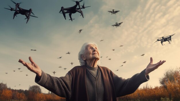 Zukünftige Welt Eine ältere Frau, umgeben von einem Schwarm Drohnen