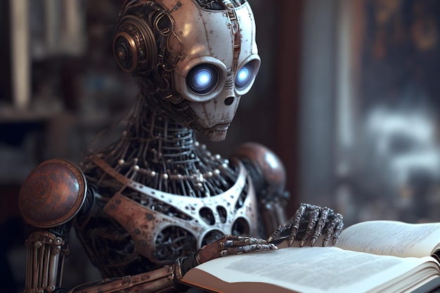 zukünftiger roboter der künstlichen intelligenz, der bücher liest, generative ai